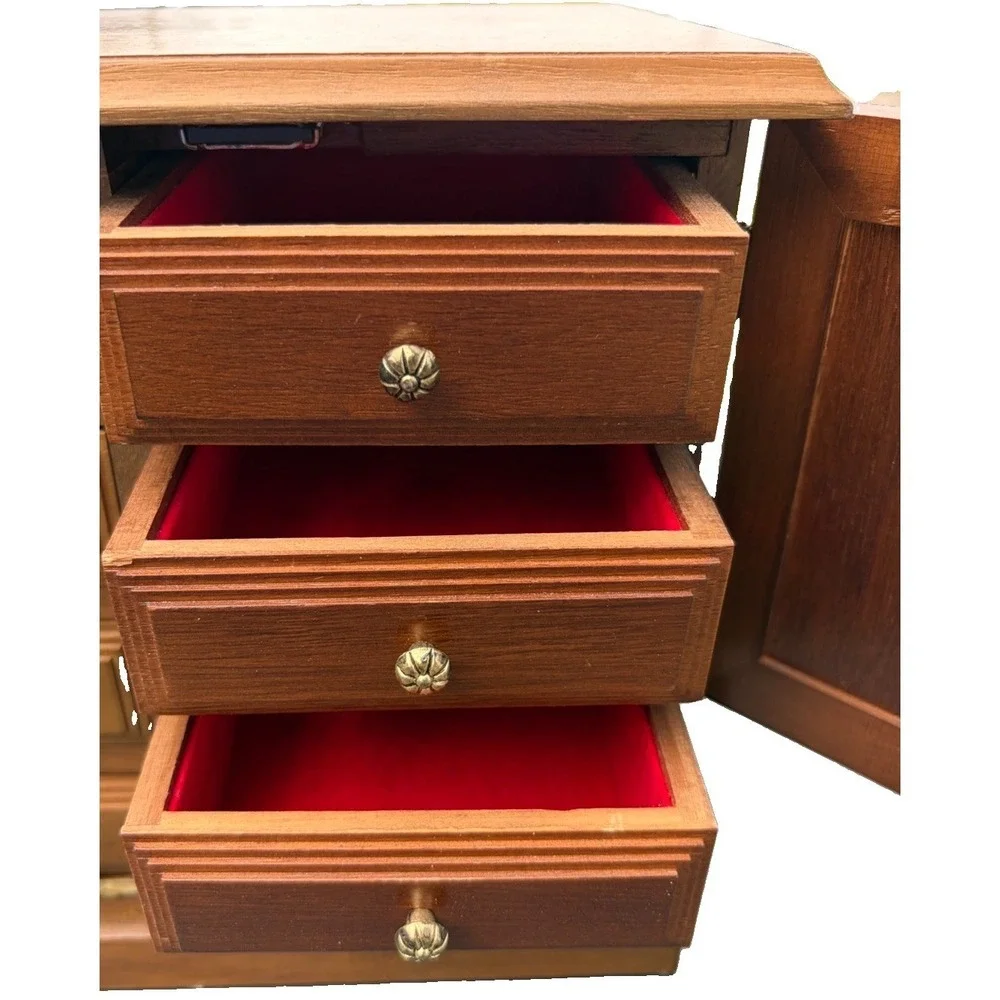 Vintage Wooden Jewelry Armoire Cabinet Lion Head Doors Red Felt Lined 13 Drawer